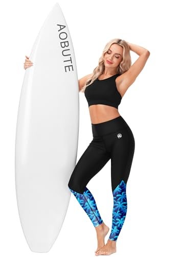 AOBUTE Womens SPF 50+ Swim Leggings Elastic Waisted Surfing Pants Coconut Tree Printed Water Sport Pants L - Image 2