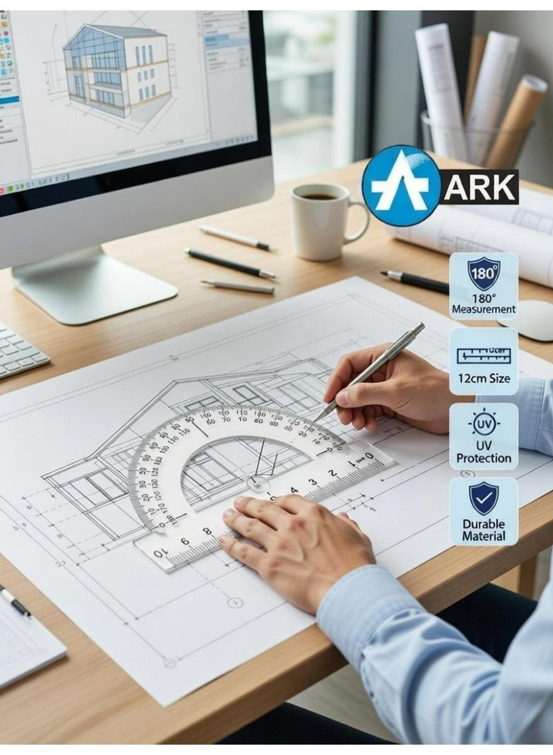 ارك منقلة هندسية بلاستيكية من آرك ARK مقاس 10 سم قياس 180 درجة شفافة مع مسطرة مدمجة - قطعة واحدة - Image 3