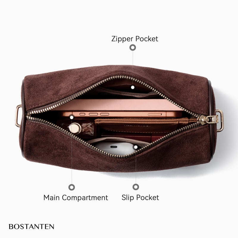 BOSTANTEN Crossbody Purses for Women Suede Leather Shoulder Purse Handbags Vintage Barrel Bag with 2 Adjustable Strap - Image 5