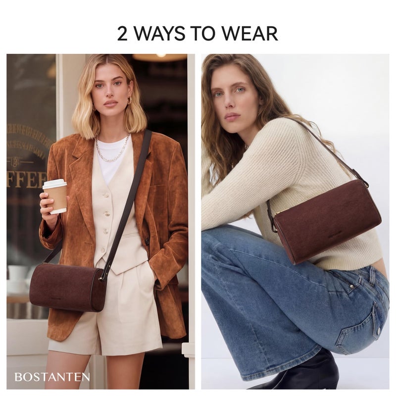 BOSTANTEN Crossbody Purses for Women Suede Leather Shoulder Purse Handbags Vintage Barrel Bag with 2 Adjustable Strap - Image 2