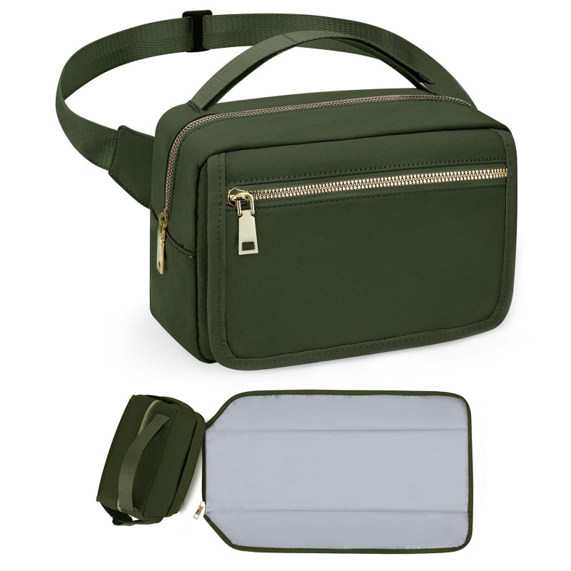 printe Small Diaper Bag with Portable Changing Pad, Crossbody Diaper Pack with Wipes Pocket, Women Waist Bag for Travel (Olive Green, Large) - Image 1