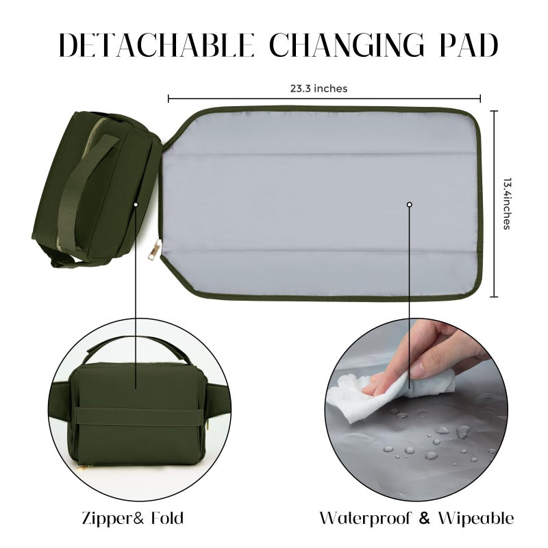 printe Small Diaper Bag with Portable Changing Pad, Crossbody Diaper Pack with Wipes Pocket, Women Waist Bag for Travel (Olive Green, Large) - Image 5