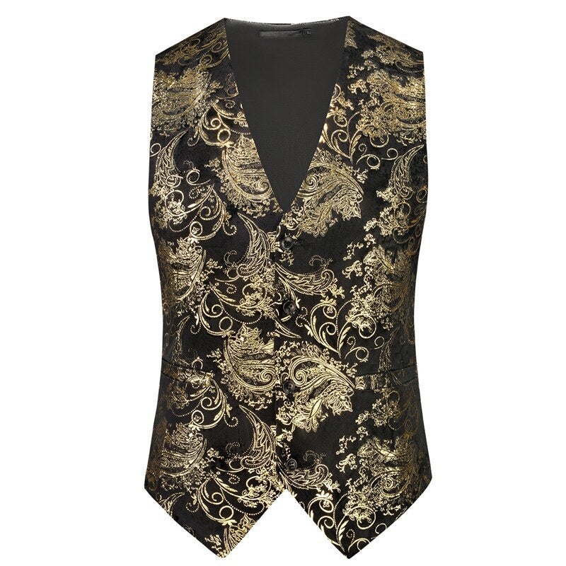2025 Spring New Men'S European Size Slim Gold-Printed Suit Single-Breasted V-Neck Casual Vest - Image 5