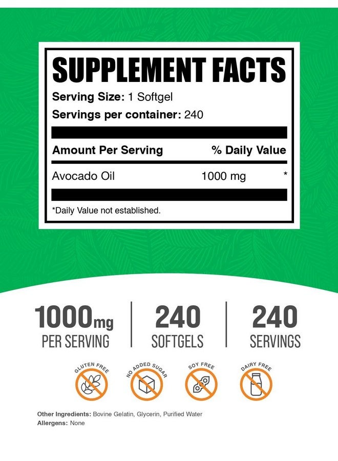 BulkSupplements زيت الأفوكادو من BulkSupplements.com 1000 ملغ كبسولات لينة - مكمل زيت الأفوكادو، كبسولات زيت الأفوكادو، أقراص زيت الأفوكادو - خالي من الغلوتين وفول الصويا، 1 كبسولة زيت أفوكادو لكل حصة، 240 كبسولة لينة - Image 2