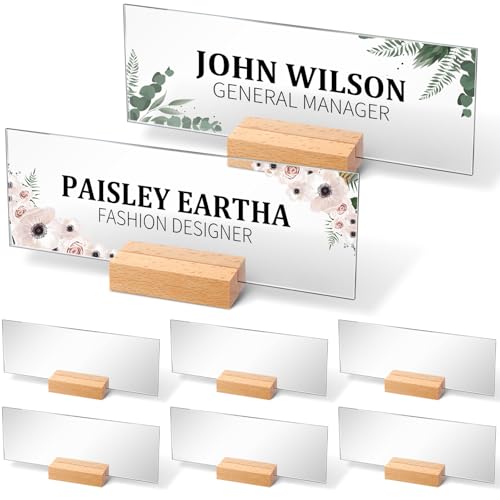 Memorywuu 6 Set Blank Acrylic Custom Name Plate - 2.95x8 Inch (2mm Thick) with Wooden Base, Desk Tags for Office/Home/Teacher, Ideal for Wedding Place Cards & Holiday Decor(Original Wood Color) - Image 1