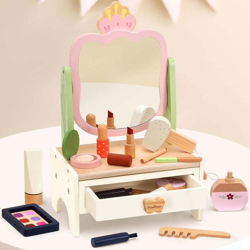 PairPear Wooden Vanity Playset for Kids Pretend Play Toddler Makeup Toy Beauty Salon Kit with Rotatable Mirror 19Pcs Solid Wood Beauty Toy Makeup Accessories Gift for Little Girls Age 3 - Image 3