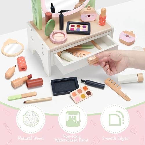 PairPear Wooden Vanity Playset for Kids Pretend Play Toddler Makeup Toy Beauty Salon Kit with Rotatable Mirror 19Pcs Solid Wood Beauty Toy Makeup Accessories Gift for Little Girls Age 3 - Image 5