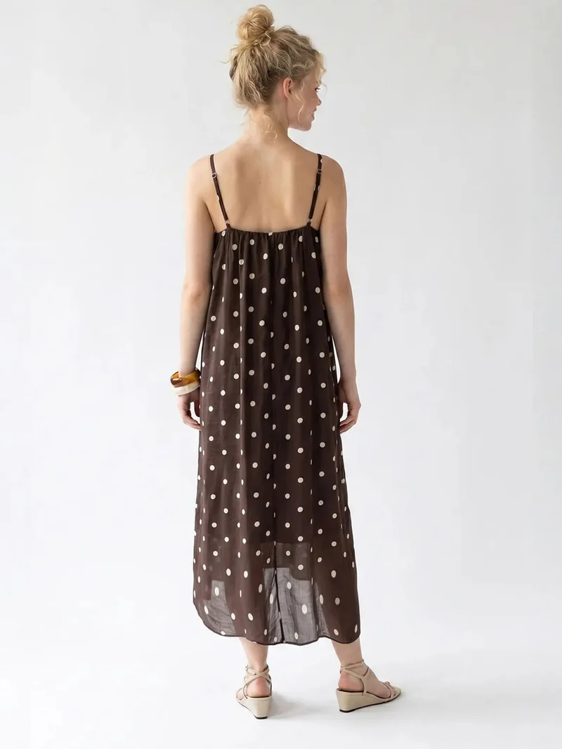 Mixray Coffee Brown MIXRAY Polka Dot A-Line Maxi Dress for Women | Best Price UAE