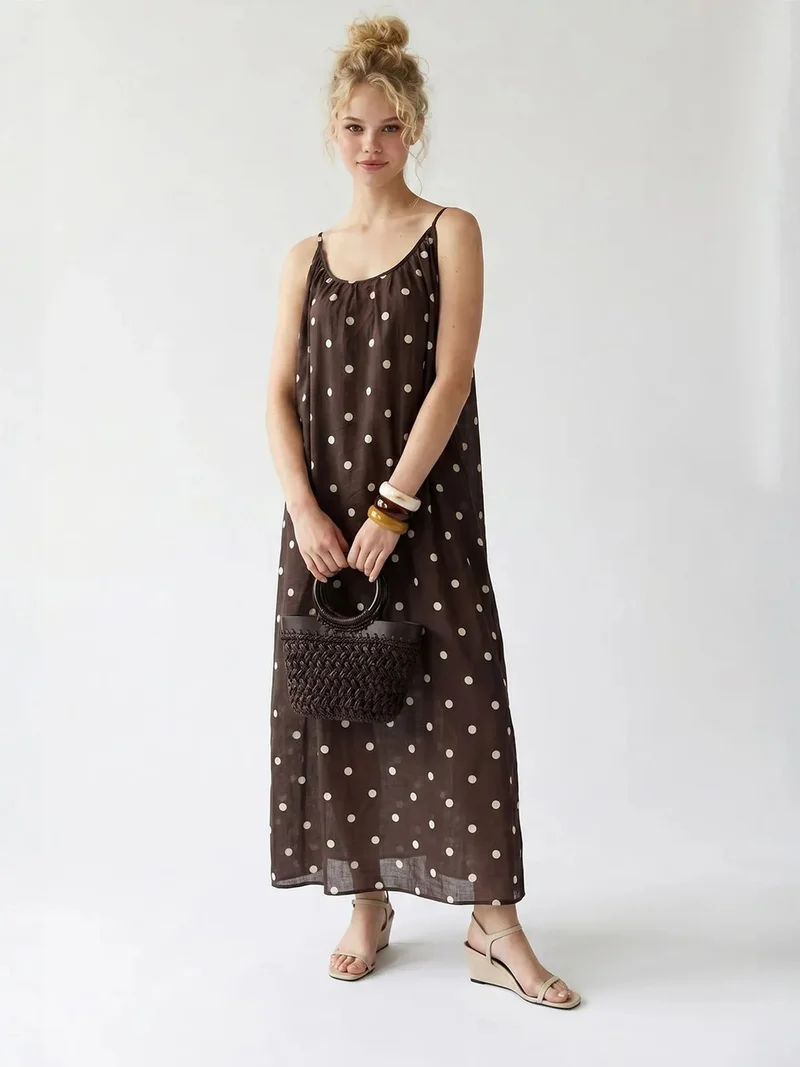Mixray Coffee Brown MIXRAY Polka Dot A-Line Maxi Dress for Women | Best Price UAE