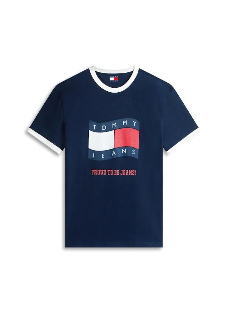 Tommy Jeans Dark Night Navy Wavy Flag Textured Jersey T-Shirt for Men | Best Price UAE