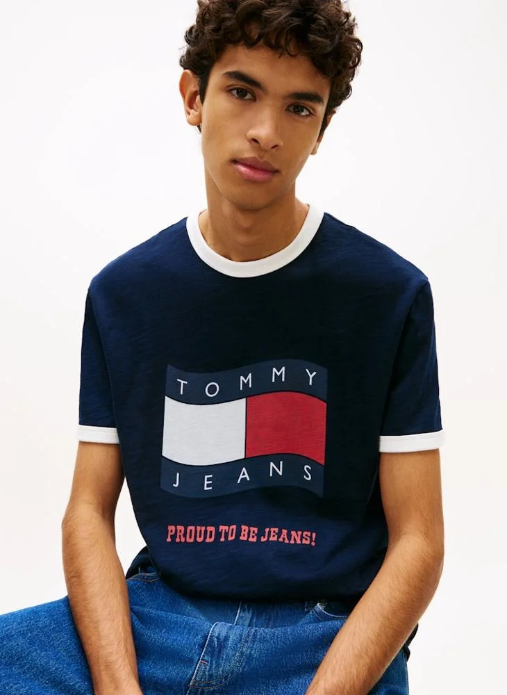 Tommy Jeans Dark Night Navy Wavy Flag Textured Jersey T-Shirt for Men | Best Price UAE