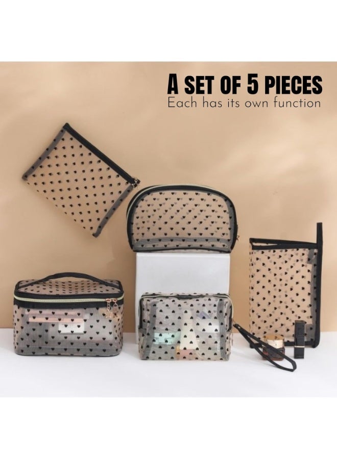 5 Pieces Set Mesh Makeup Bag, Transparent Cosmetic Bag for Women & Girls, Heart-shaped Portable Toiletry Bag, Large Capacity Travel Makeup Organizer, 5 Sizes for Various Travel Needs - Image 4