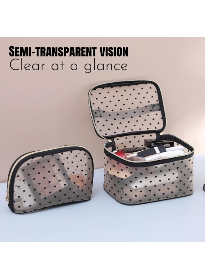 5 Pieces Set Mesh Makeup Bag, Transparent Cosmetic Bag for Women & Girls, Heart-shaped Portable Toiletry Bag, Large Capacity Travel Makeup Organizer, 5 Sizes for Various Travel Needs - Image 2
