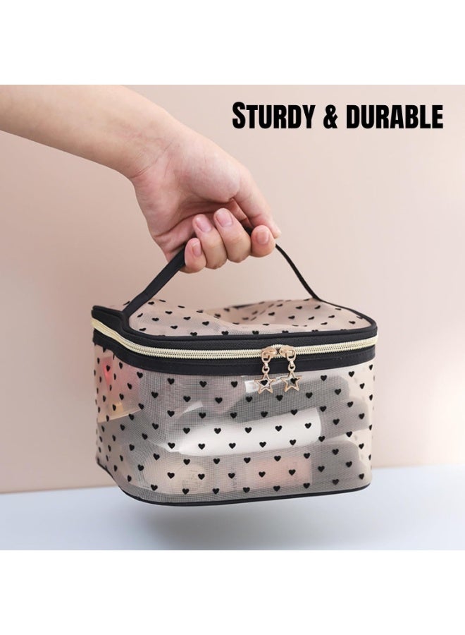 5 Pieces Set Mesh Makeup Bag, Transparent Cosmetic Bag for Women & Girls, Heart-shaped Portable Toiletry Bag, Large Capacity Travel Makeup Organizer, 5 Sizes for Various Travel Needs - Image 1