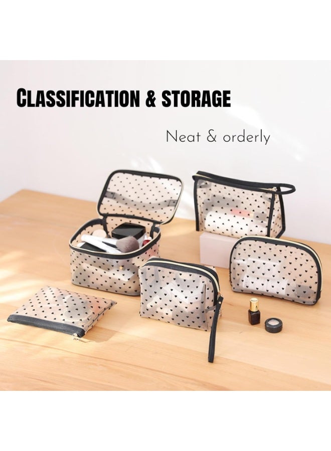 5 Pieces Set Mesh Makeup Bag, Transparent Cosmetic Bag for Women & Girls, Heart-shaped Portable Toiletry Bag, Large Capacity Travel Makeup Organizer, 5 Sizes for Various Travel Needs - Image 5