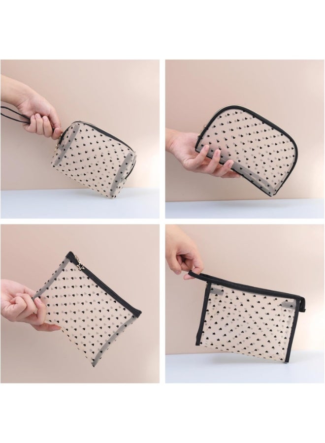 5 Pieces Set Mesh Makeup Bag, Transparent Cosmetic Bag for Women & Girls, Heart-shaped Portable Toiletry Bag, Large Capacity Travel Makeup Organizer, 5 Sizes for Various Travel Needs - Image 3