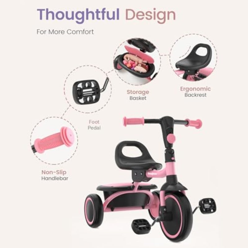 Toddler tricycle for indoor and outdoor use, steel frame with pink finish, foldable design with rear storage compartment for toys and essentials - Image 4