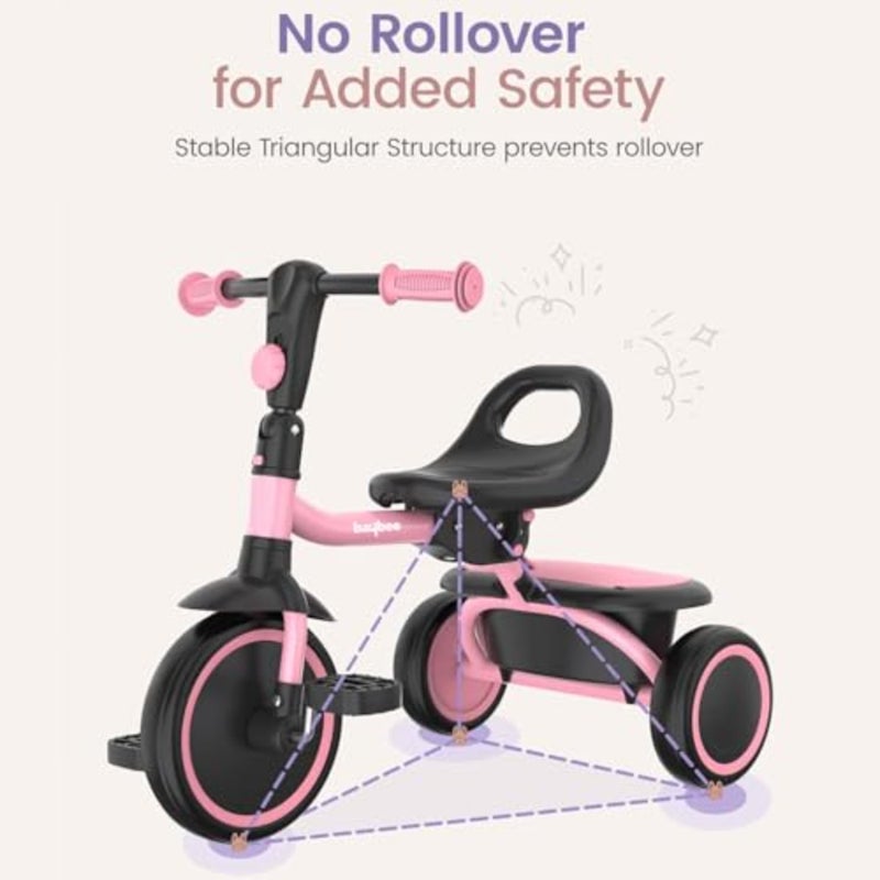 Toddler tricycle for indoor and outdoor use, steel frame with pink finish, foldable design with rear storage compartment for toys and essentials - Image 2