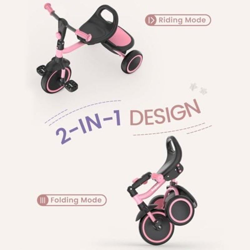 Toddler tricycle for indoor and outdoor use, steel frame with pink finish, foldable design with rear storage compartment for toys and essentials - Image 3