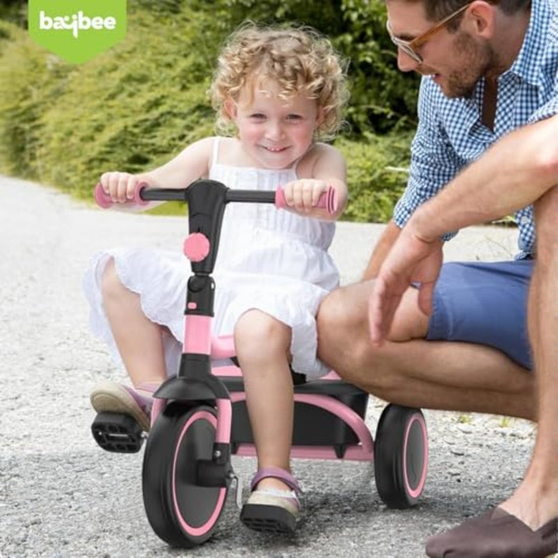 Toddler tricycle for indoor and outdoor use, steel frame with pink finish, foldable design with rear storage compartment for toys and essentials - Image 5