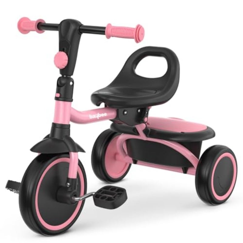 Toddler tricycle for indoor and outdoor use, steel frame with pink finish, foldable design with rear storage compartment for toys and essentials - Image 1