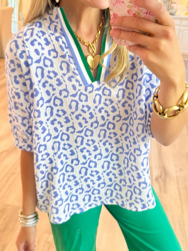 Samefar Womens Short Sleeve Tops Striped V Neck Summer Casual Loose Fit Blouses Business Tee Shirts Dressy Leopard Blue Small - Image 3