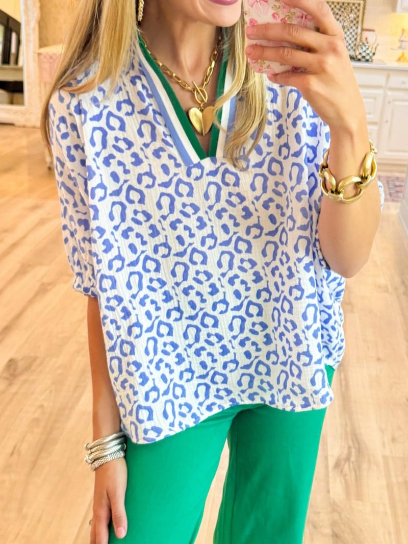 Samefar Womens Short Sleeve Tops Striped V Neck Summer Casual Loose Fit Blouses Business Tee Shirts Dressy Leopard Blue Small - Image 4