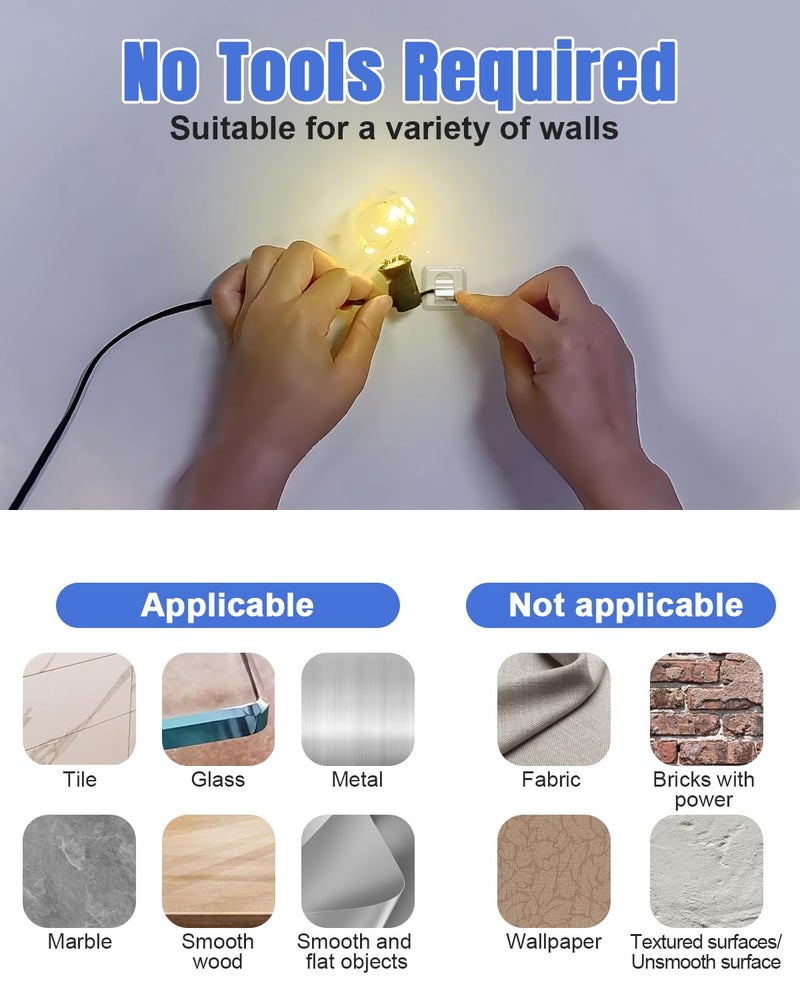 LZC Hooks for Outdoor String Lights Clips: 25 Pack Square Clear Large Heavy Duty Light Hook Waterproof Adhesive Strips - Outside Hanging Rope Light Cable Cord Holders Organizer - Image 4
