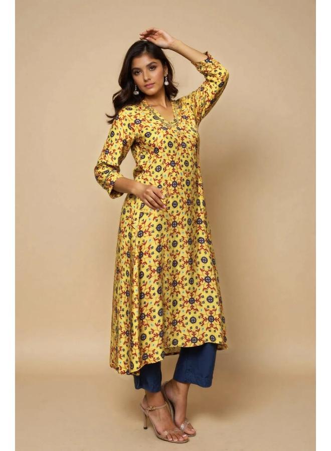 trueBrowns Lime Pink Floral Print A-line Glass Neck Kurta Set - Image 1