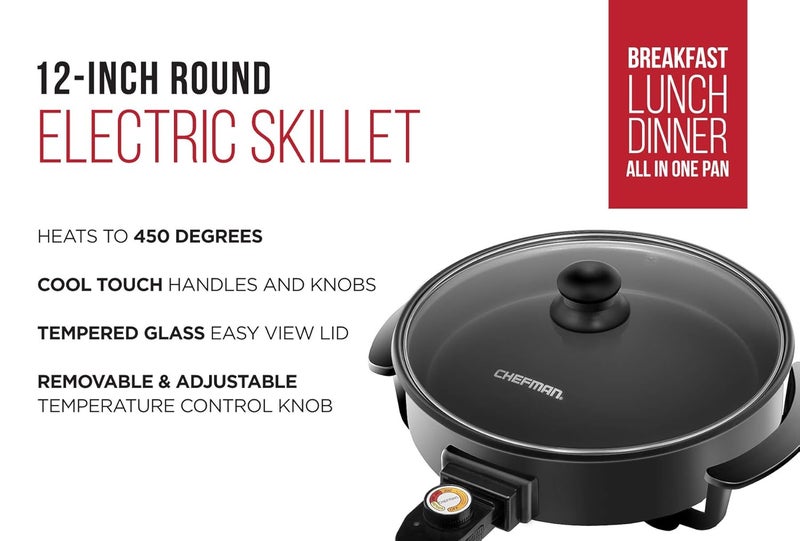 Chefman Electric Skillet - 12 Inch Round Frying Pan with Non Stick Coating, Temperature Control, Tempered Glass Lid, Cool-Touch Handles and Knob, Black - Image 2