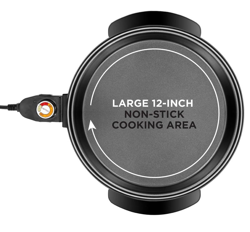 Chefman Electric Skillet - 12 Inch Round Frying Pan with Non Stick Coating, Temperature Control, Tempered Glass Lid, Cool-Touch Handles and Knob, Black - Image 4