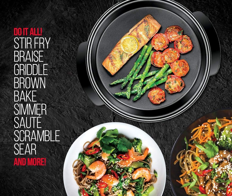 Chefman Electric Skillet - 12 Inch Round Frying Pan with Non Stick Coating, Temperature Control, Tempered Glass Lid, Cool-Touch Handles and Knob, Black - Image 3