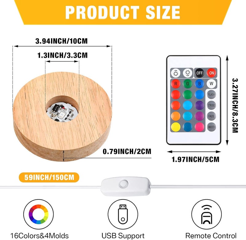 Mudder 2 Pcs Light LED Base Wood LED Display Base for Glass Art Valentine Decor Crystal Acrylic Resin, 16 Colored USB Light with Remote Wooden Round Lamp Stand for 3D Crystal Ball Room Home Decor(Wood Color) - Image 4