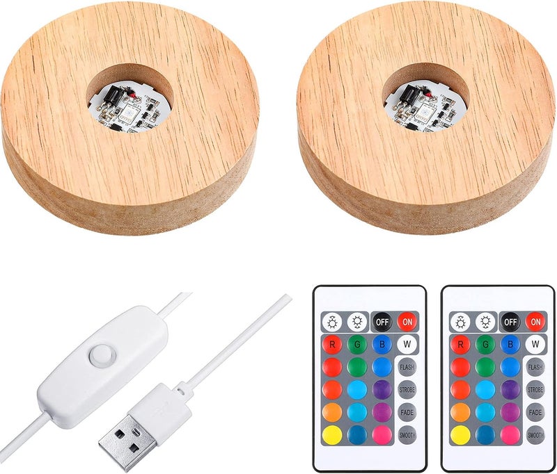 Mudder 2 Pcs Light LED Base Wood LED Display Base for Glass Art Valentine Decor Crystal Acrylic Resin, 16 Colored USB Light with Remote Wooden Round Lamp Stand for 3D Crystal Ball Room Home Decor(Wood Color) - Image 1