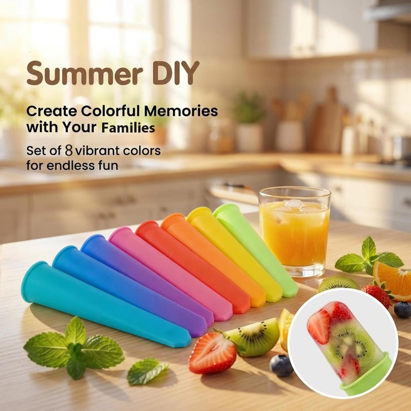 RAINFLOW 8 PCS Silicone Popsicle Molds - Reusable Popsicle Maker with Lids,Leak Proof Pop Tubes,Food Grade Silicone Freezer Molds for Homemade Ice Pops,Yogurt Tubes,Family Snacks - Image 5
