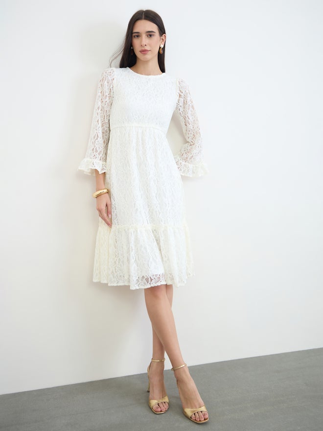 Styli Off White Lace Bell Sleeves A-Line Midi Dress - Image 2