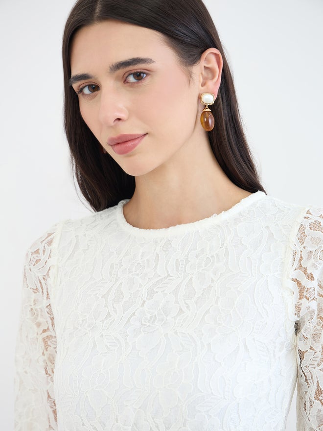 Styli Off White Lace Bell Sleeves A-Line Midi Dress - Image 4