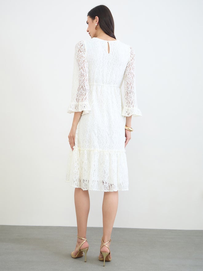 Styli Off White Lace Bell Sleeves A-Line Midi Dress - Image 5