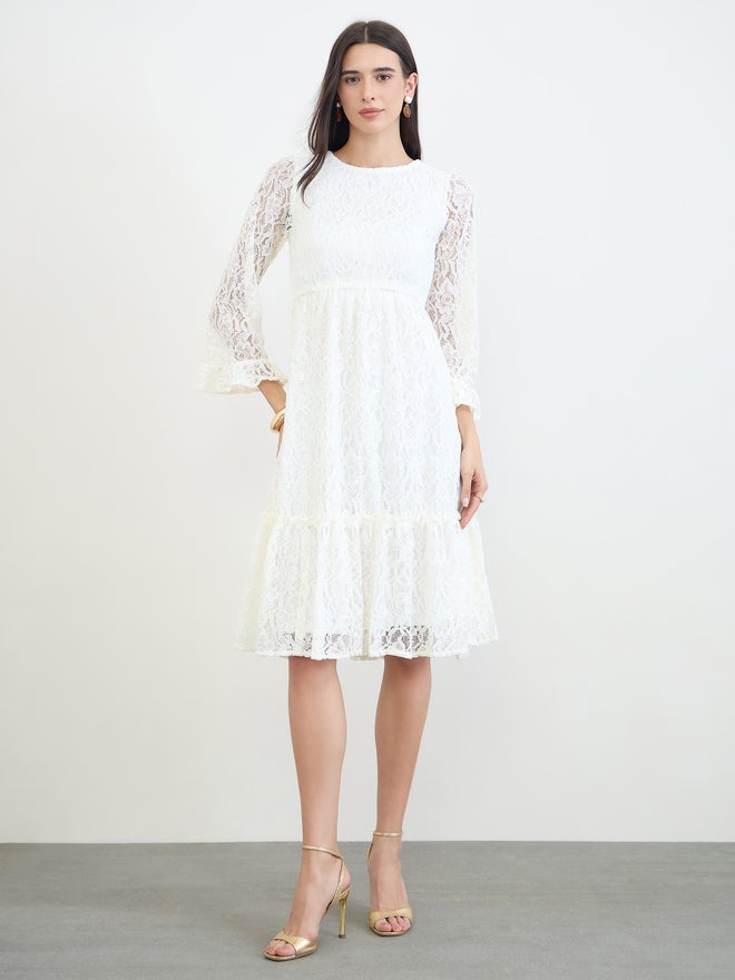 Styli Off White Lace Bell Sleeves A-Line Midi Dress - Image 3