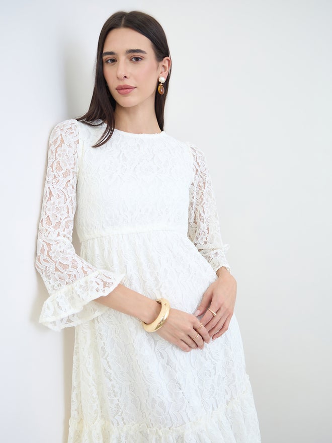 Styli Off White Lace Bell Sleeves A-Line Midi Dress - Image 1