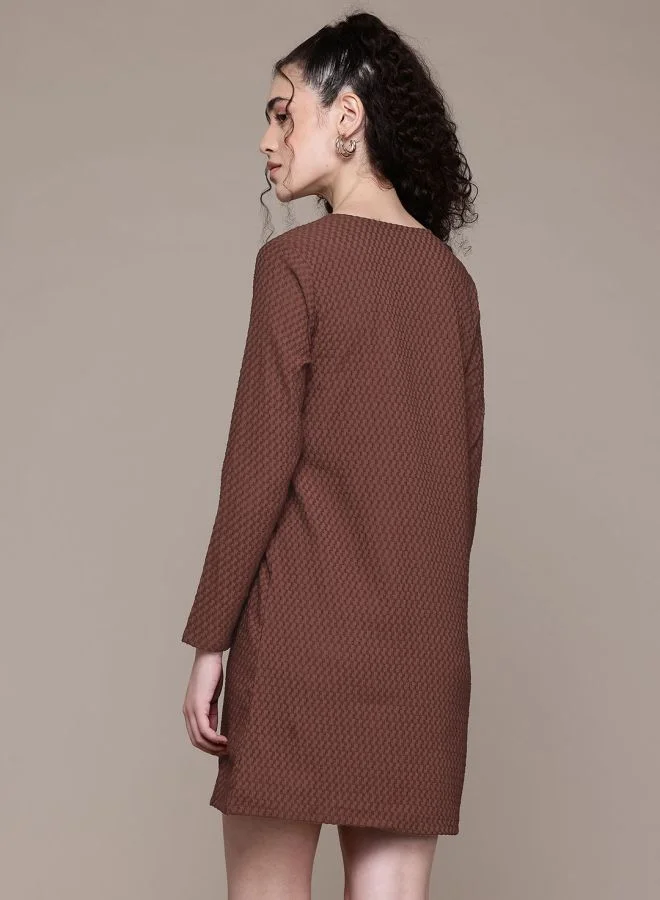Freehand  Women Fit and Flared Textured V-Neck Long Sleeve Shift Dress for Women | Best Price UAE