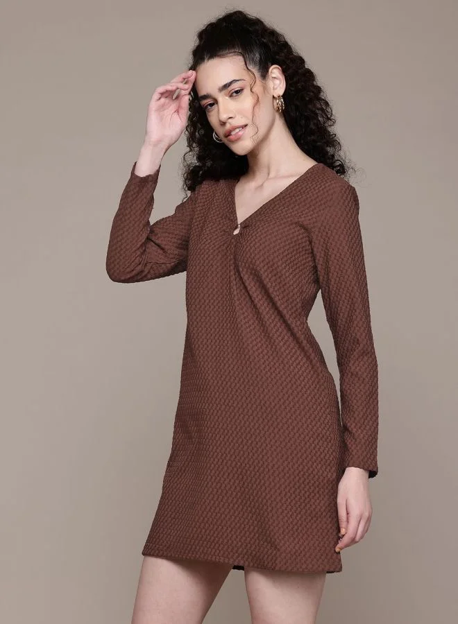 Freehand  Women Fit and Flared Textured V-Neck Long Sleeve Shift Dress for Women | Best Price UAE