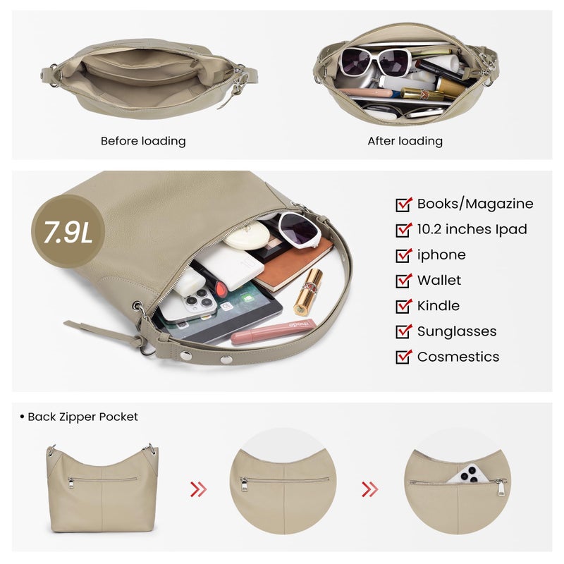 befen Genuine Leather Slouchy Hobo Purses for Women, Lightweight Leather Shoulder Purse, Soft Designer Handbags with Tassel Womens Purse and Handbags for Travel & Everyday, Taupe - Image 3