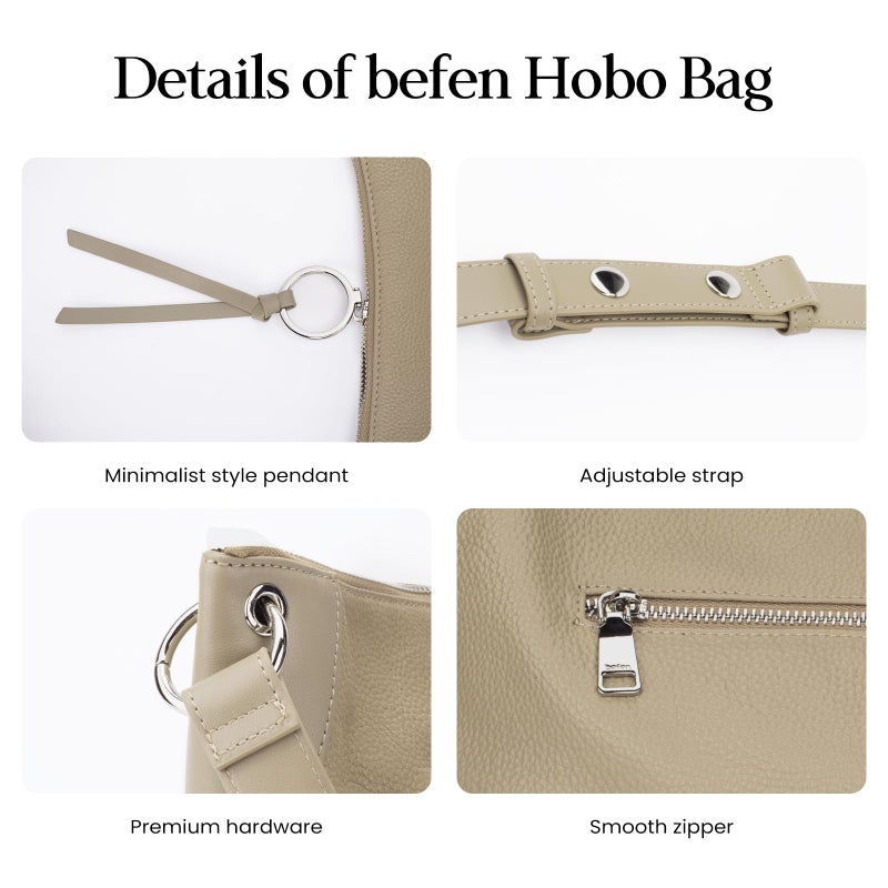 befen Genuine Leather Slouchy Hobo Purses for Women, Lightweight Leather Shoulder Purse, Soft Designer Handbags with Tassel Womens Purse and Handbags for Travel & Everyday, Taupe - Image 4