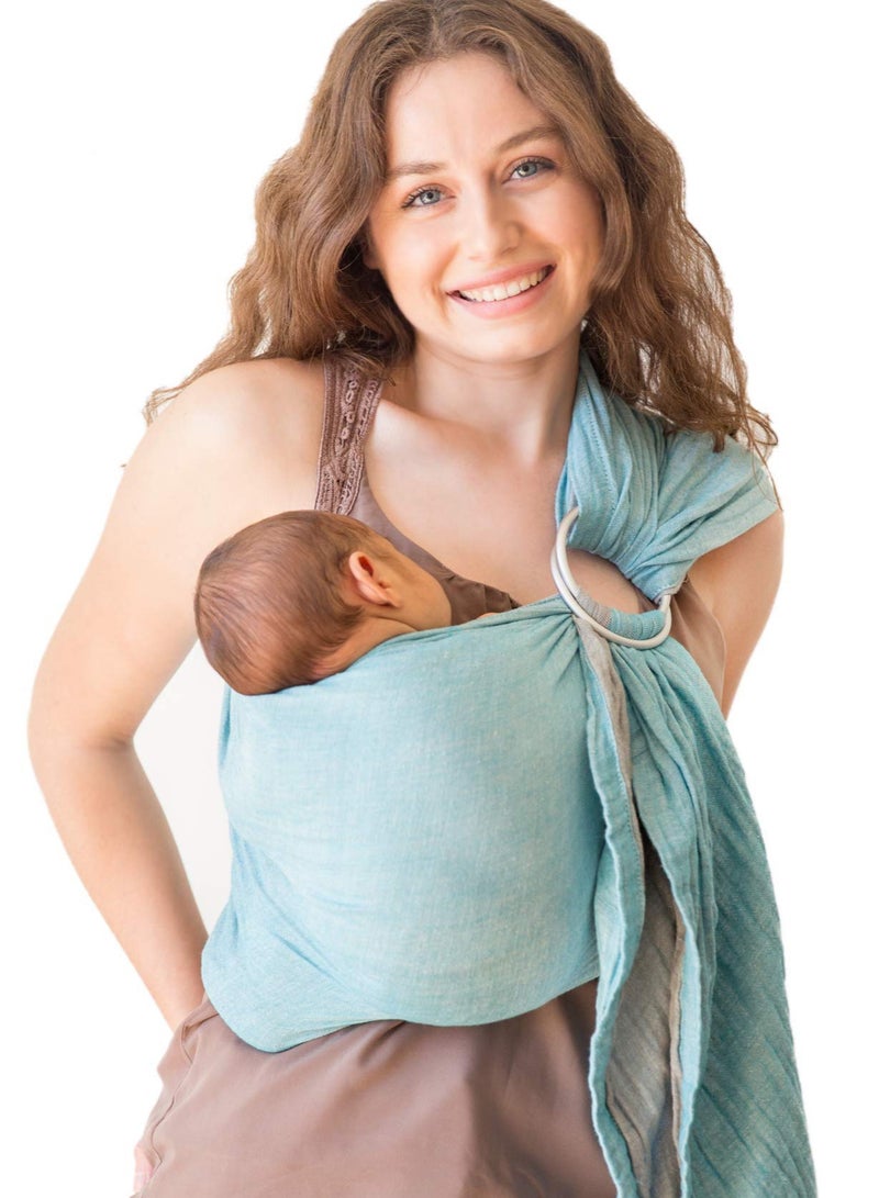 Cotton Muslin Baby Carrier Wrap, Ring Sling and Sling for Infants, Newborn and Toddler, Front and Chest Carry, Grey and Turquoise Design. - Image 1