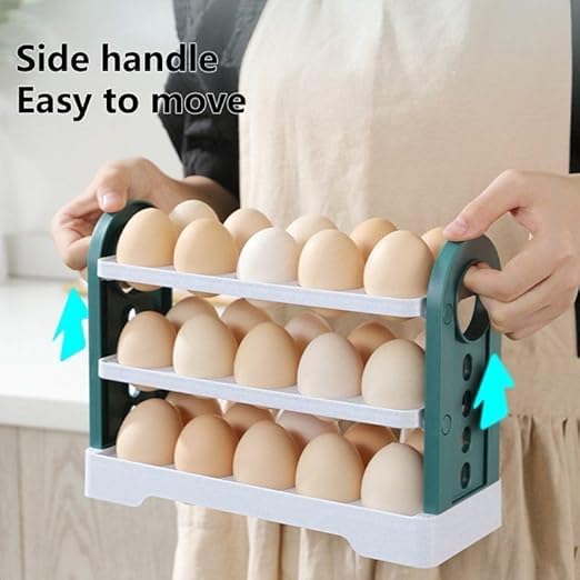 ARYAMURTI 3Tier Flip Lid Egg Storage Container for Refrigerator Large Capacity Space Saver Egg Tray Holds 30 Eggs for Kitchen Restaurant Multicolor Pack Of 1 - Image 4