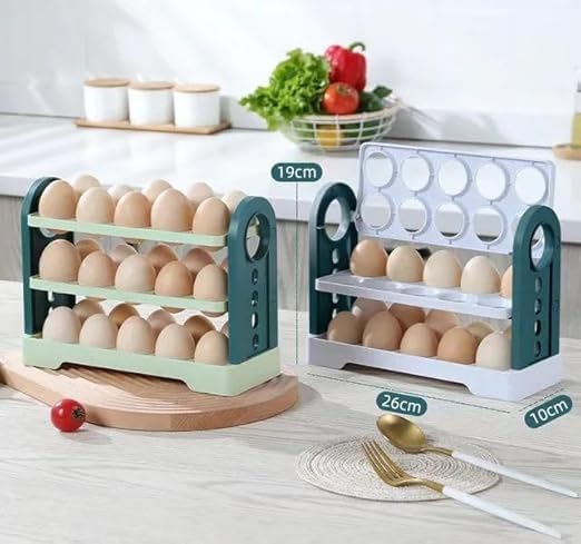 ARYAMURTI 3Tier Flip Lid Egg Storage Container for Refrigerator Large Capacity Space Saver Egg Tray Holds 30 Eggs for Kitchen Restaurant Multicolor Pack Of 1 - Image 2