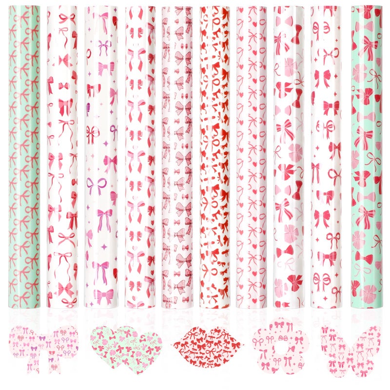 HTVRONT Pink Bow Heat Transfer Vinyl - 11 Pack Patterned HTV for T-Shirts, Easy to Cut & Weed Iron on Vinyl Compatible with Cricut Cutting Machine - 12 X 10 Inch Pink HTV Vinyl - Image 1