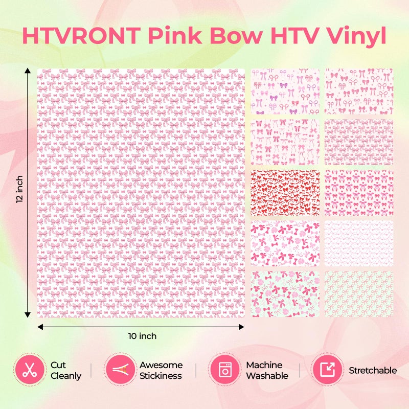 HTVRONT Pink Bow Heat Transfer Vinyl - 11 Pack Patterned HTV for T-Shirts, Easy to Cut & Weed Iron on Vinyl Compatible with Cricut Cutting Machine - 12 X 10 Inch Pink HTV Vinyl - Image 4