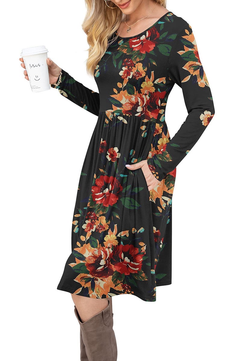 DB MOON Women Casual Long Sleeve Dresses Empire Waist Loose Dress with Pockets (Brown Floral Black, S) - Image 4